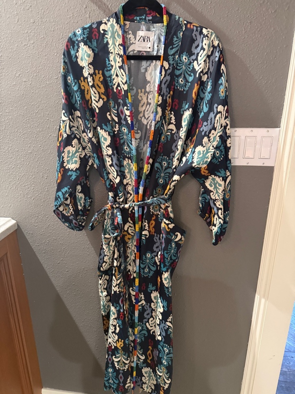 Zara Navy Floral-Print Kimono Robe with Teal, Cream & Mustard Accents
